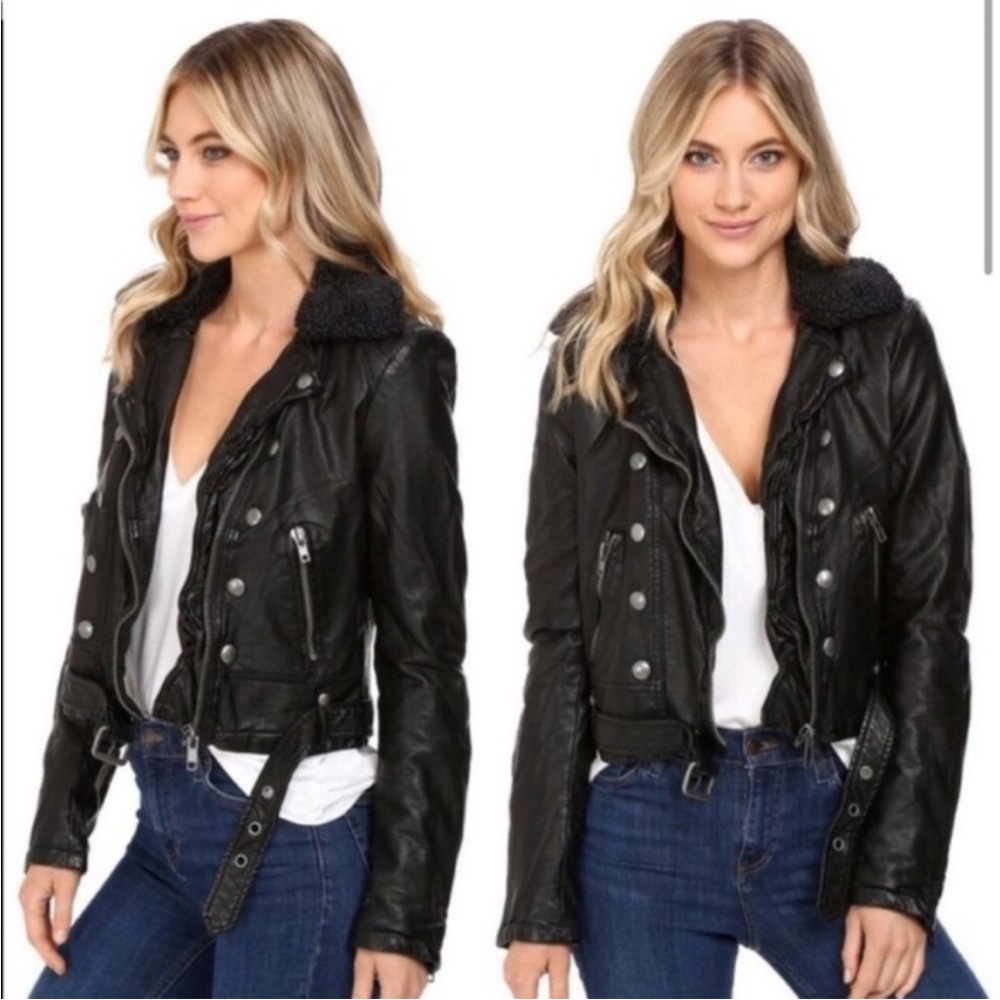 Free People Black Leather Jacket with Shearling Collar